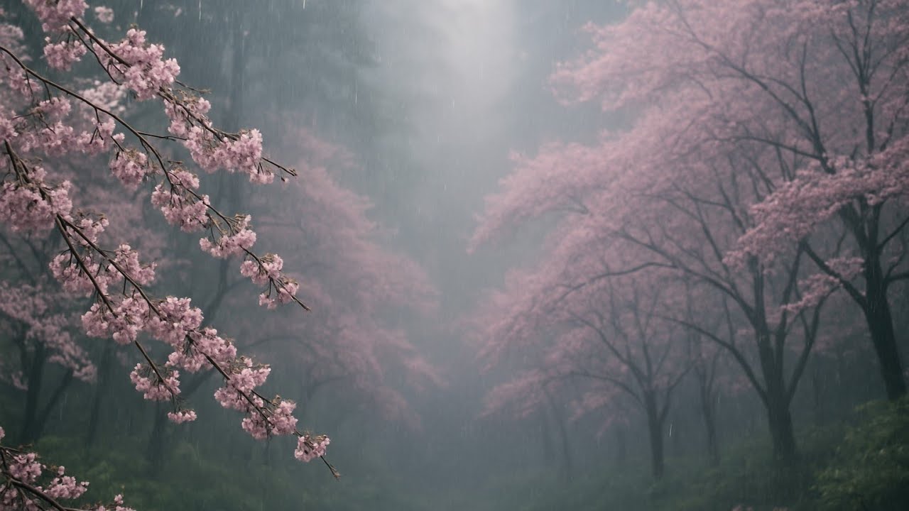 4K Sakura Rain & Piano 🌸 Gentle Rain Sounds for Sleep, Study, and Deep Relaxation