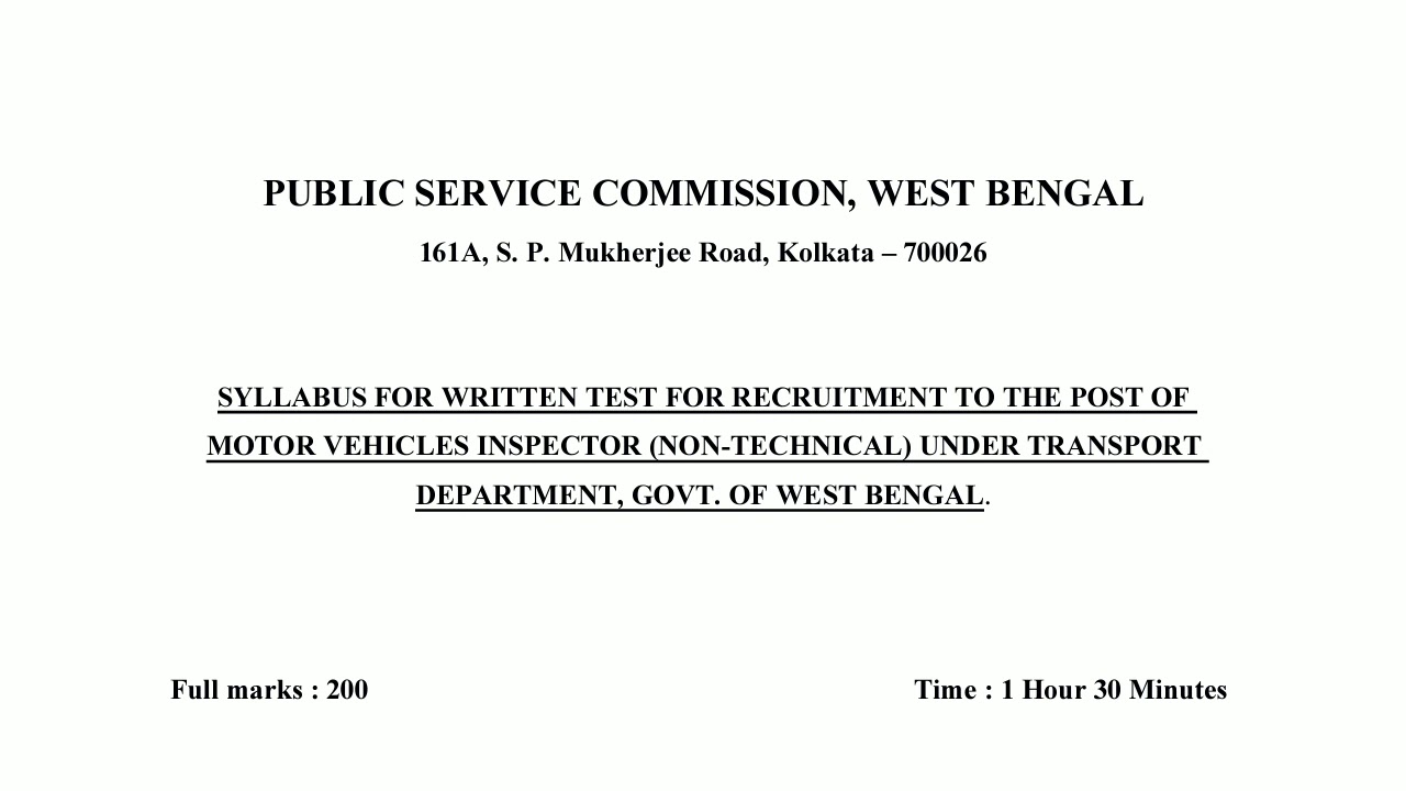WBPSC Motor Vehicle Inspector (Non-Technical) Exam Syllabus | PSC MVI Syllabus