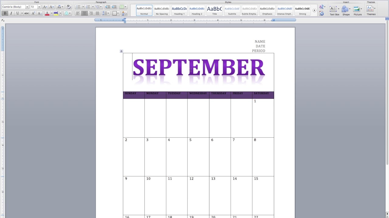 How to create a one month calendar in MS Word