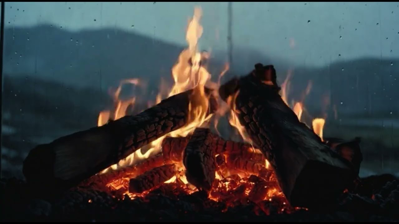 @Cozy Fireplace with Rain Outside 🔥 1 Hour Relaxing Fire Sounds | Pure Nature 4K