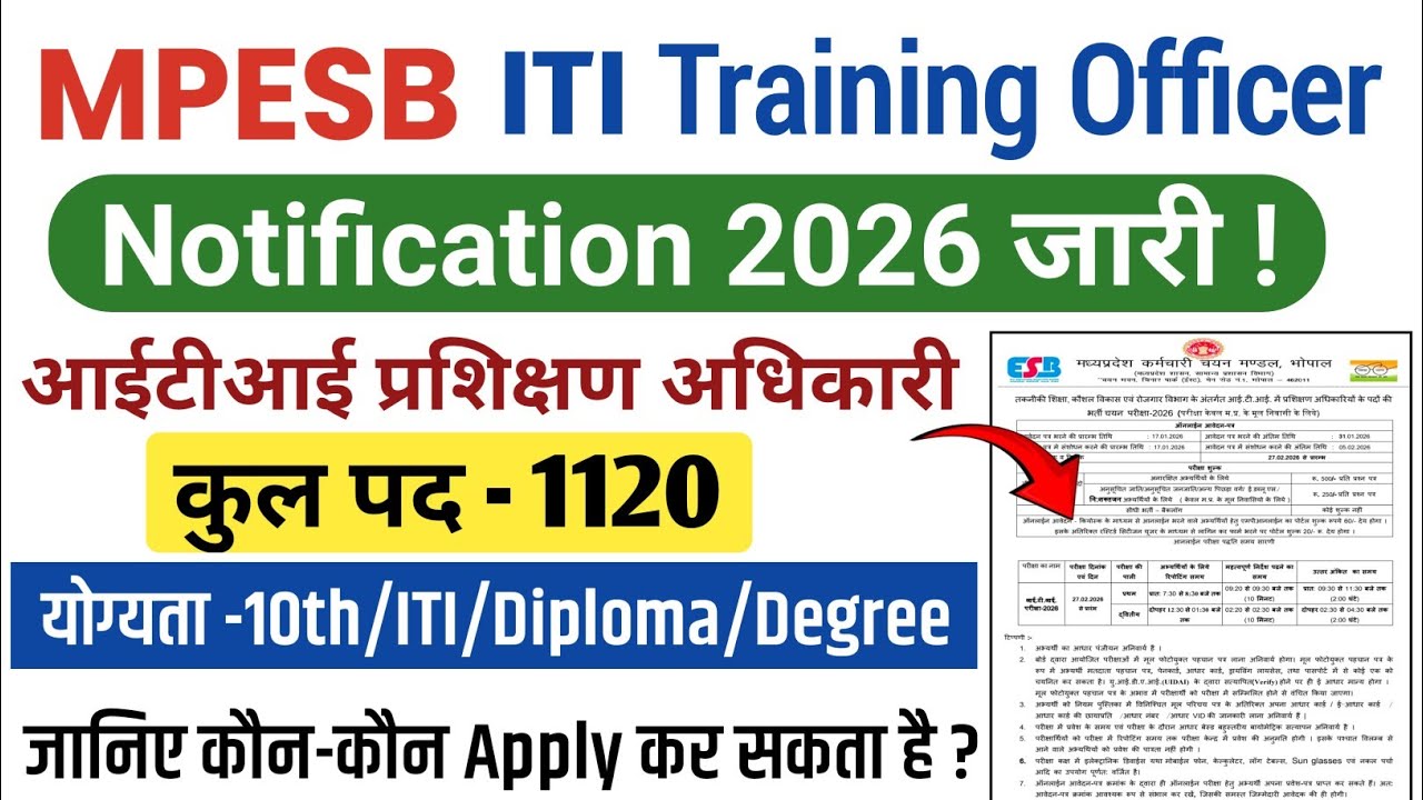 MPESB ITI Training Officer Notification 2026 Out|Mp ITI TO Online Form Fill 2026|MP ITI TO Syllabus 