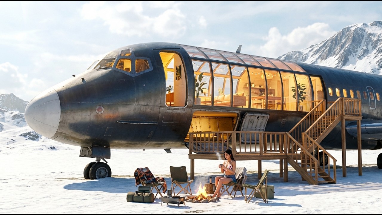 Building a Dream House Inside an Abandoned MD-80 in a Snowy Landscape Minimalist Shelter