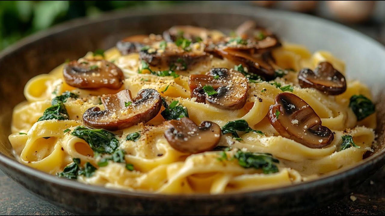Веганская паста с соусом из сливочных грибов и шпината. Быстро и просто