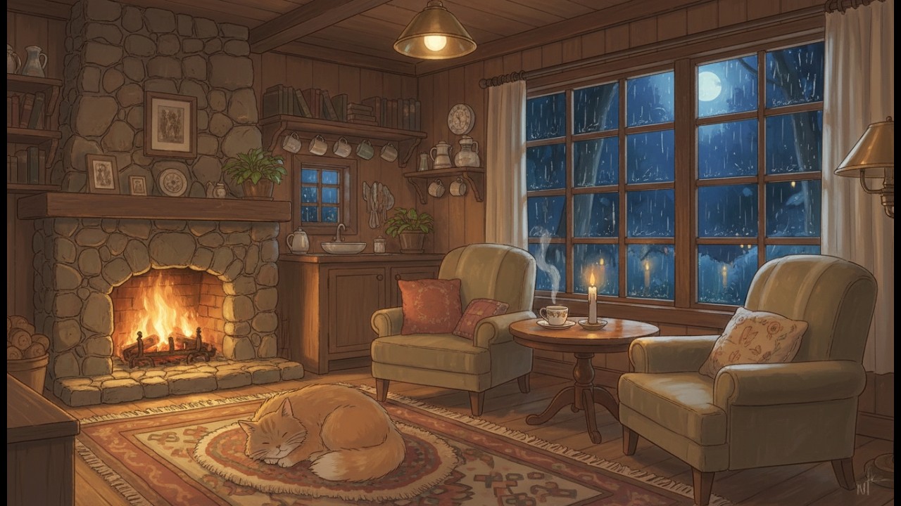 Cozy Rainy Cabin Fireplace 🌧️🔥 Relaxing Lofi Music for Study, Focus & Deep Relaxation