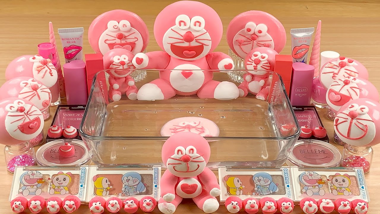 Pink DORAEMON w CLAY★Mixing Makeup Eyeshadow Glitter into SLIME★ASMR★Satisfying Slime Video#068
