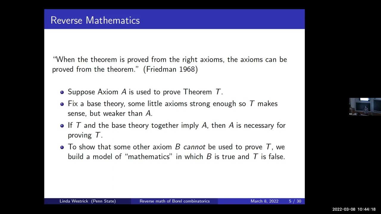 Reverse math of Borel combinatorics - Linda Westrick