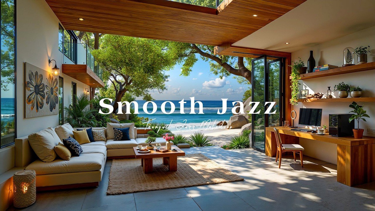 Stress Relief with Smooth Jazz Instrumental Music | Cozy Living Room Ambience & Ocean Waves