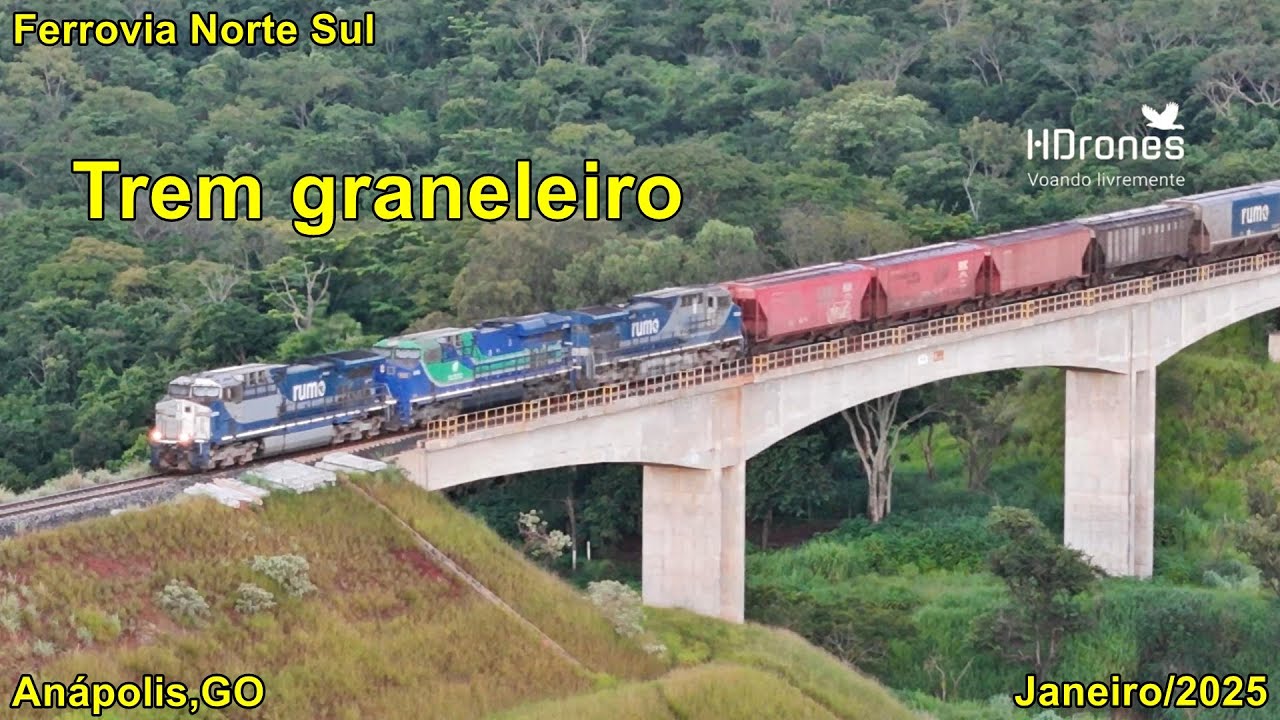 Trem Graneleiro Rumo chegando em Anápolis - Ferrovia Norte Sul - Pontilhão da GO-222 - 4k