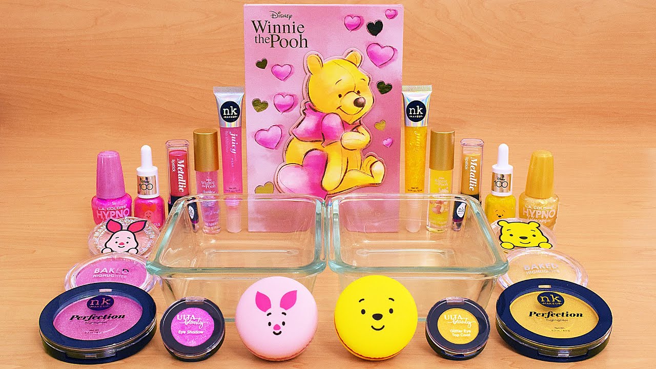 Pink vs Gold - Piglet vs Winnie the Pooh - Mixing Makeup Eyeshadow Into Slime ASMR