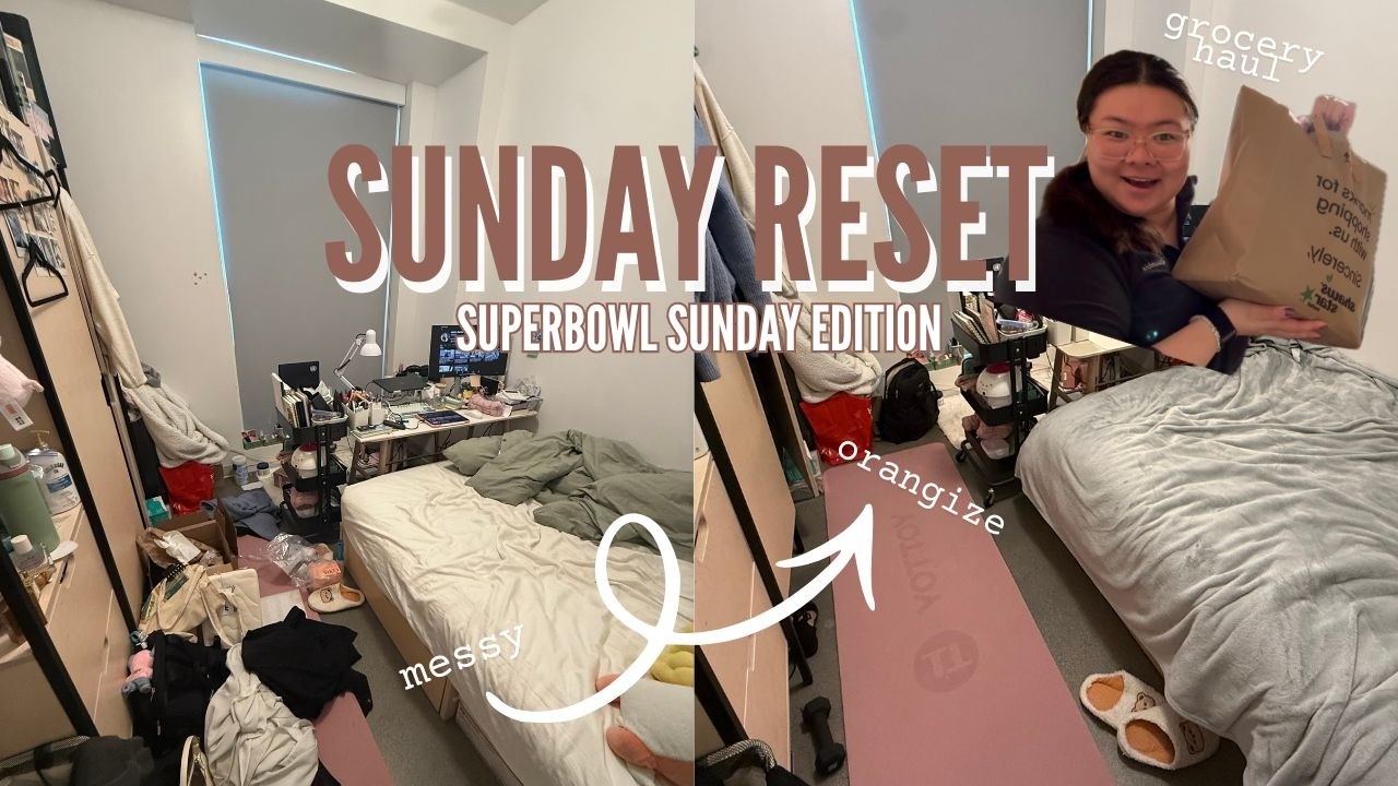SUNDAY RESET 🧖‍♀️  (superbowl edition 🏈) | messy to clean room, grocery haul | resetting life: ep. 1