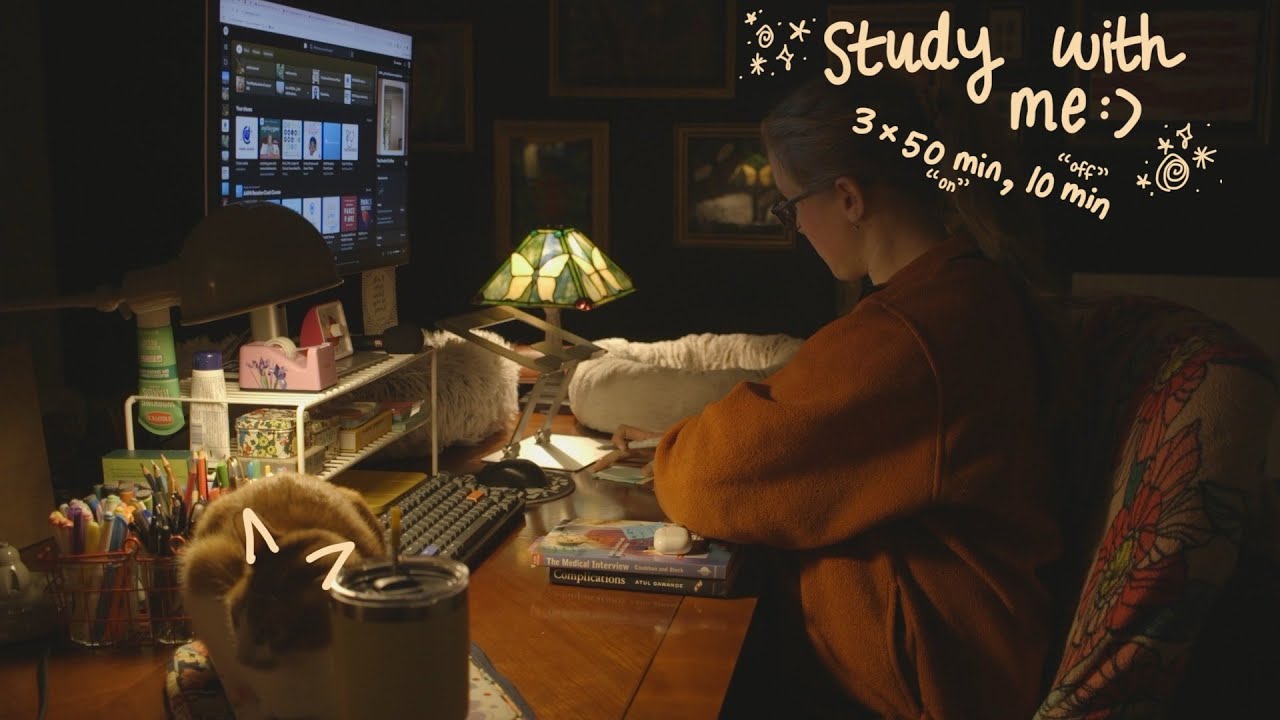 evening 3-hour study with me (50/10 pomodoro, no music, on-screen timer)