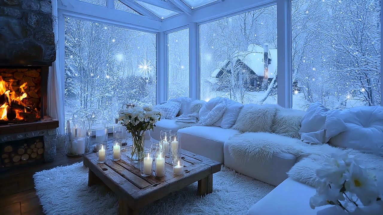 Peaceful Winter Night 🕯️ Fireplace, Candlelight & Snowfall for Deep Relaxation