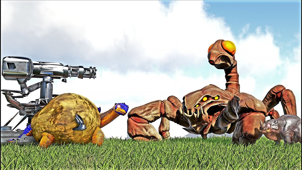 POTATURTLE MACHINEGUN VS KARCINODONTE AND BABIROTH ANOMALY CREATURES (ARK SURVIVAL EVOLVED BATTLE)