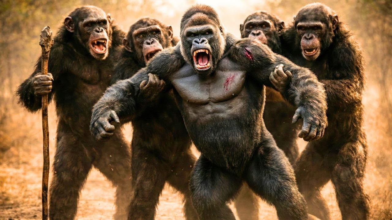 The chimpanzees decided to hunt the gorilla that was terrorizing the females and stealing..