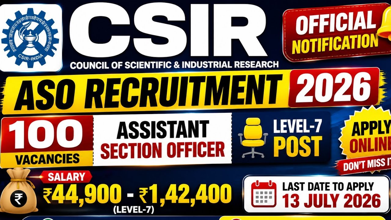 CSIR ASO Recruitment 2026 🔥 100 Assistant Section Officer Vacancy | ₹1,42,400 Salary