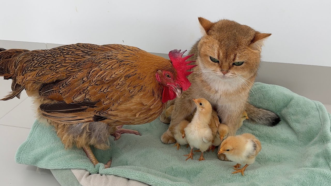 The relationship between the mother cat and the chick drove the hen and the rooster crazy.so funny