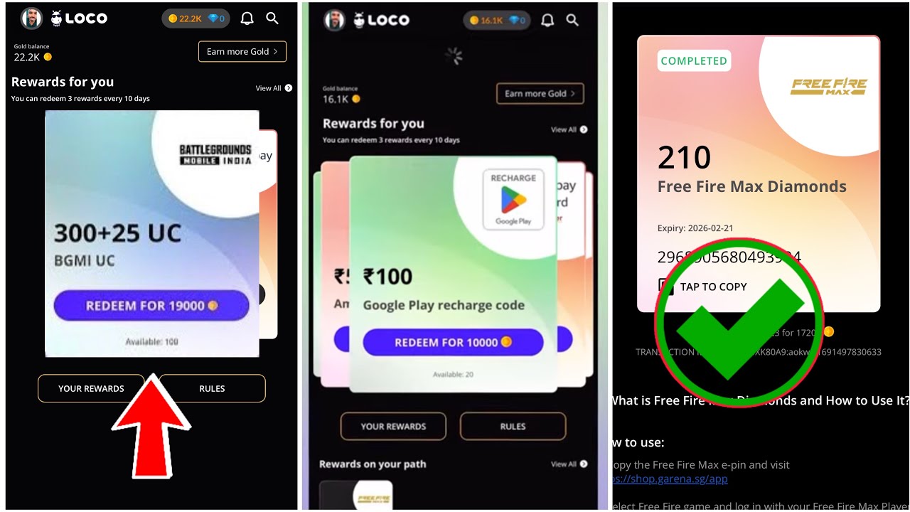 Loco App BGMi UC, Free Fire Diamonds, Google Redeem Code, Amazon Gift Card, Loco Rewards