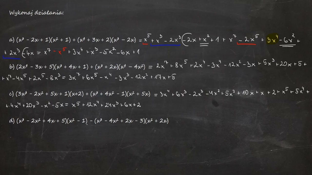 8.32. Wykonaj działania: a) (x&sup3; - 2x + 1)(x&sup2; + 1) + (x⁴ + 3x + 2)(x&sup3; &ndash; 2x)