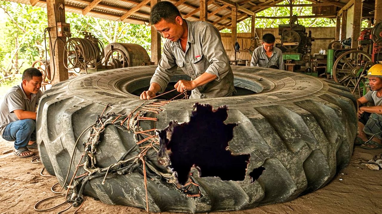 Hard working Old Man Repairing Big TRACTOR Tire:Using  Aluminium Mold |
