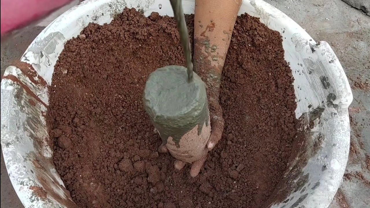 Huge red cement cylinders crumbling with poure cement red dirt paste pouring on it yummy @As_Asmr
