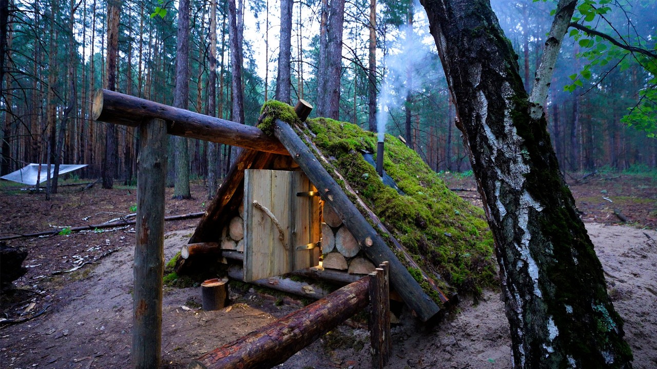 Building My Dugout Shelter in Heavy Rain | Door, Wood Stove & Cozy Camp