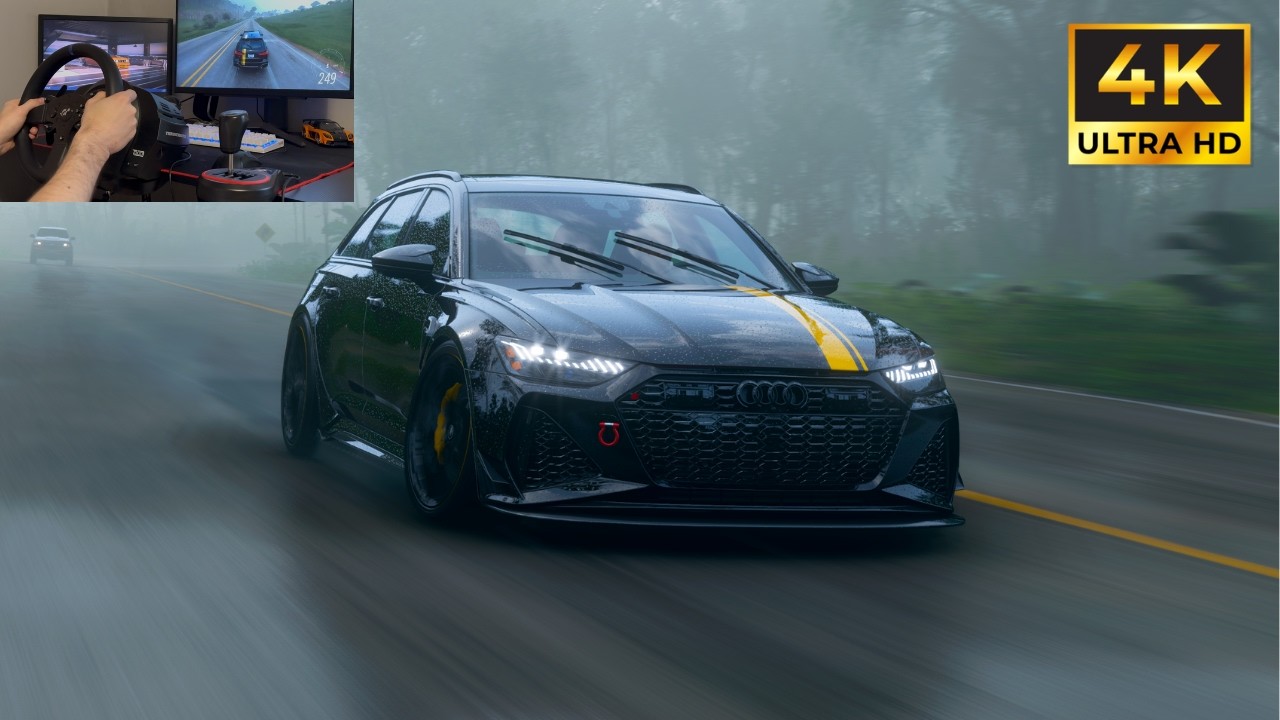 Driving 865 HP AUDI RS6 In Heavy Rain | Forza Horizon 5 |  Steering Wheel Gameplay