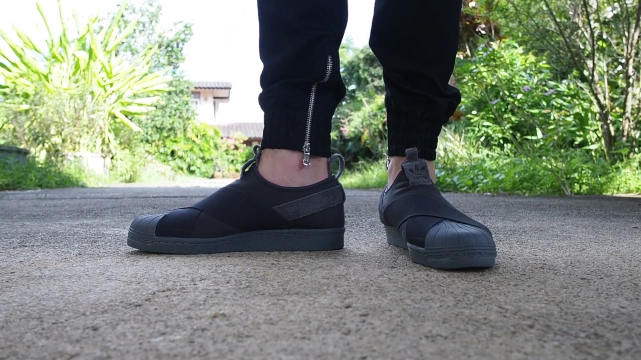 Adidas Superstar Slip on Triple Black on Feet