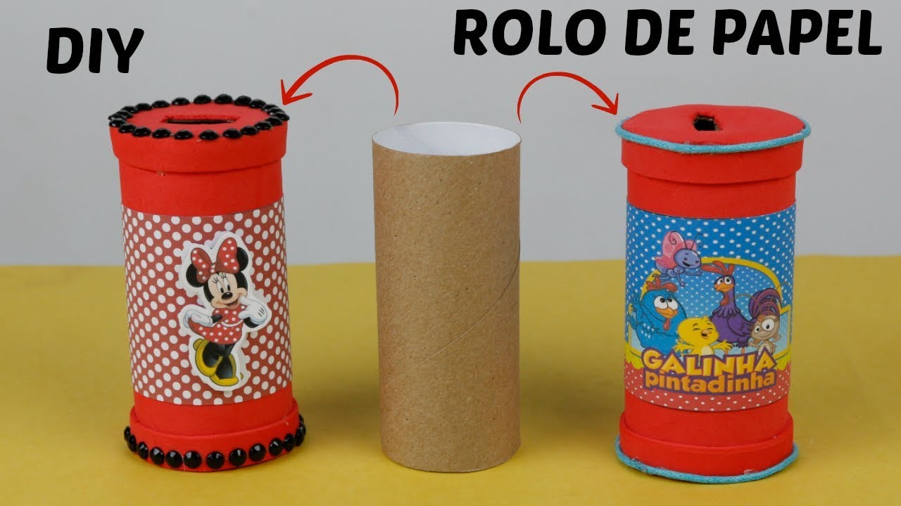 Cofrinho de Rolo de Papel - Lembrancinha da Minnie, Galinha Pintadinha #Reciclarte
