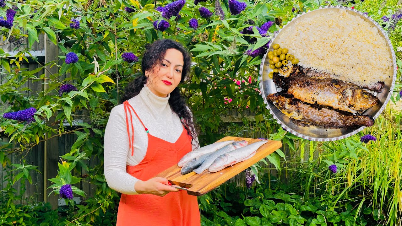 🌳☀️ country girl  cooking in the nature of England. Fire fish with Iranian rice🔥