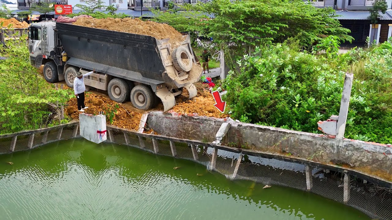 Early Operation Huge Size Filling Land BY Dump Truck 25.5Ton & Bulldozer SKILL PUSH SOIL INTO WATER