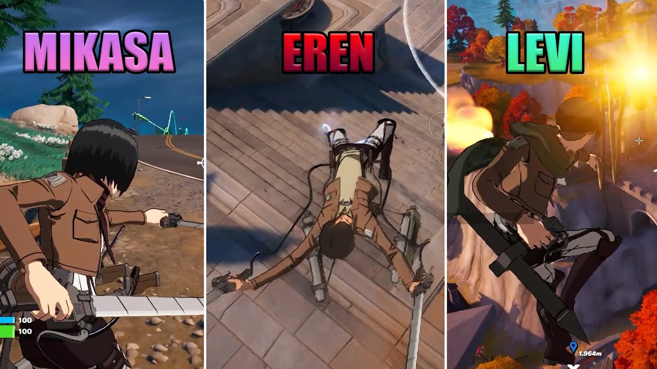 Fortnite x AOT ODM Gear & Thunder Spear Mythic Eren Yeager, Mikasa and Levi Ackerman Skins Gameplay