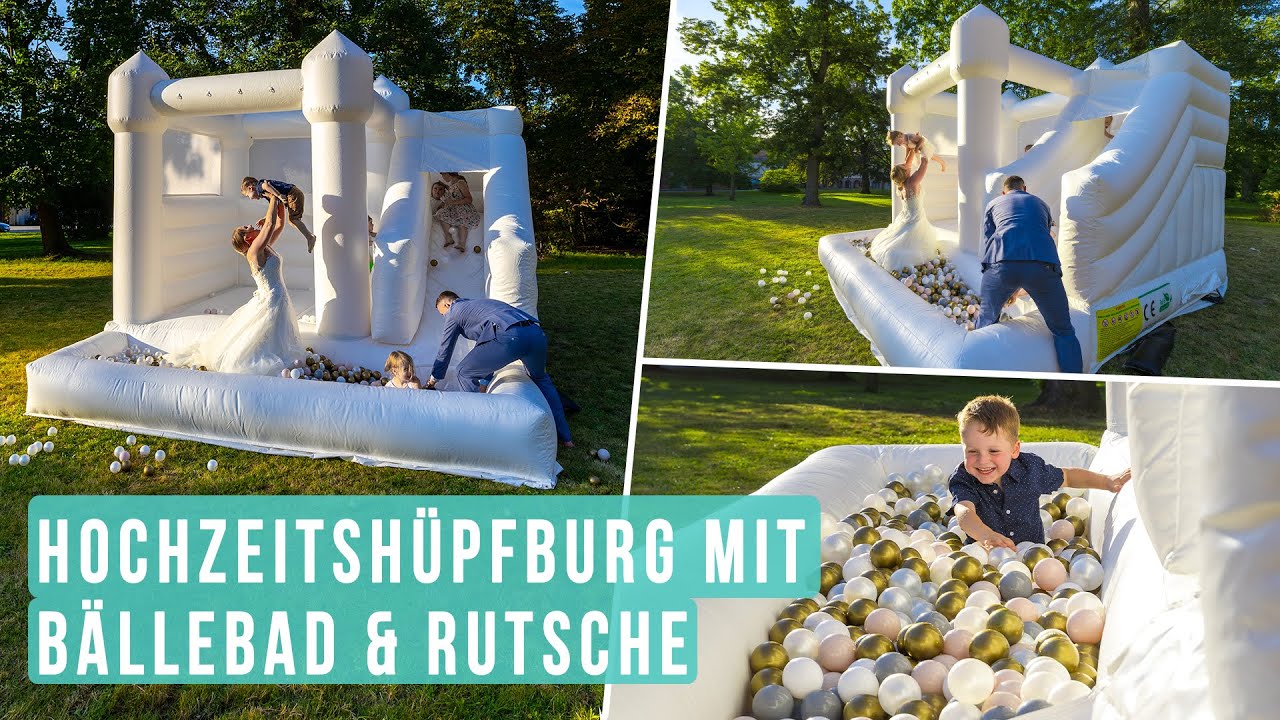 Weiße Hochzeitshüpfburg mit Bällebad, Rutsche und Makramee Deko | Weiße Hüpfburg mieten