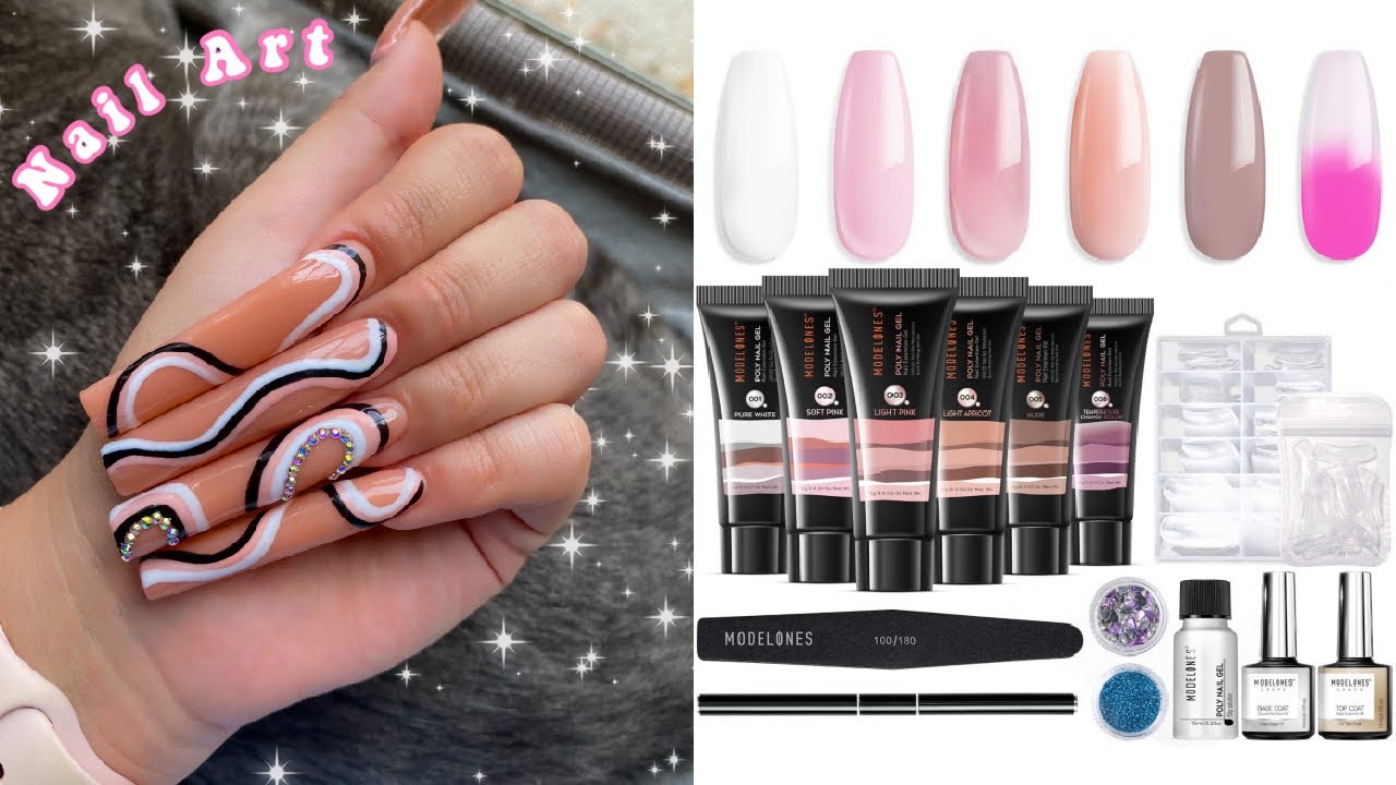 EXTRA LONG SQUARE POLYGEL NAILS + NAIL ART! TRYING MODELONES POLYGEL KIT | Nail Tutorial