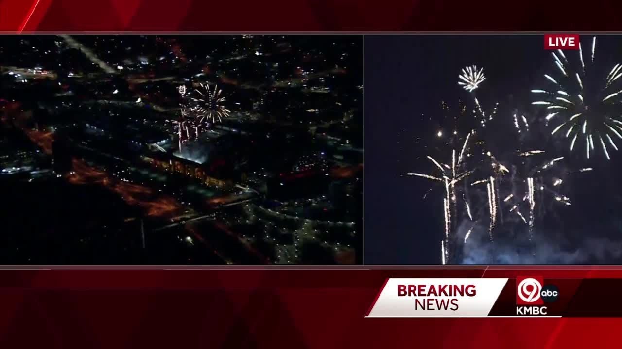Fireworks erupt at Union Station, across Kansas City skyline