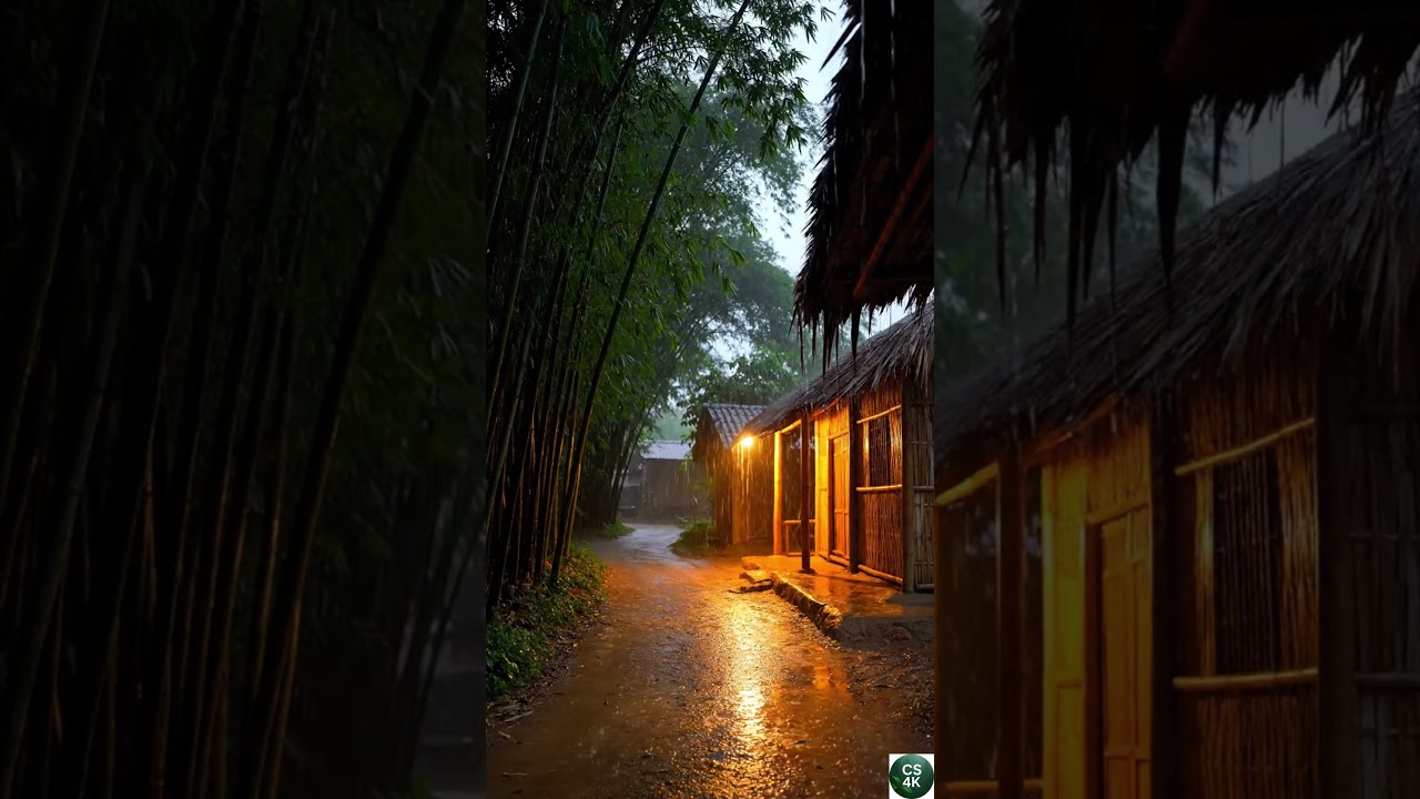 Rainy Night in the Countryside | A Peaceful Thatched House by the Village Road 4K 