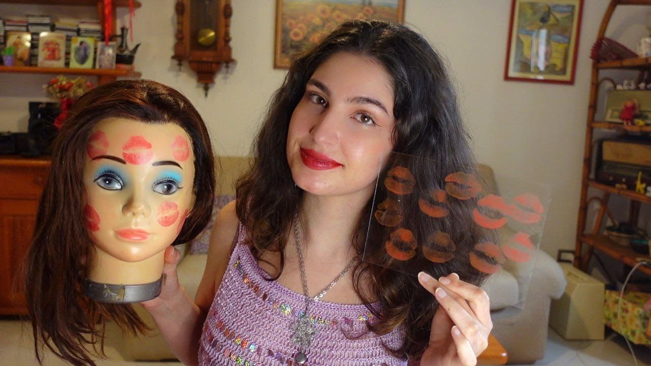 ASMR LIPSTICKS MARKS ON DOLL and Red and Orange GLASS KISS