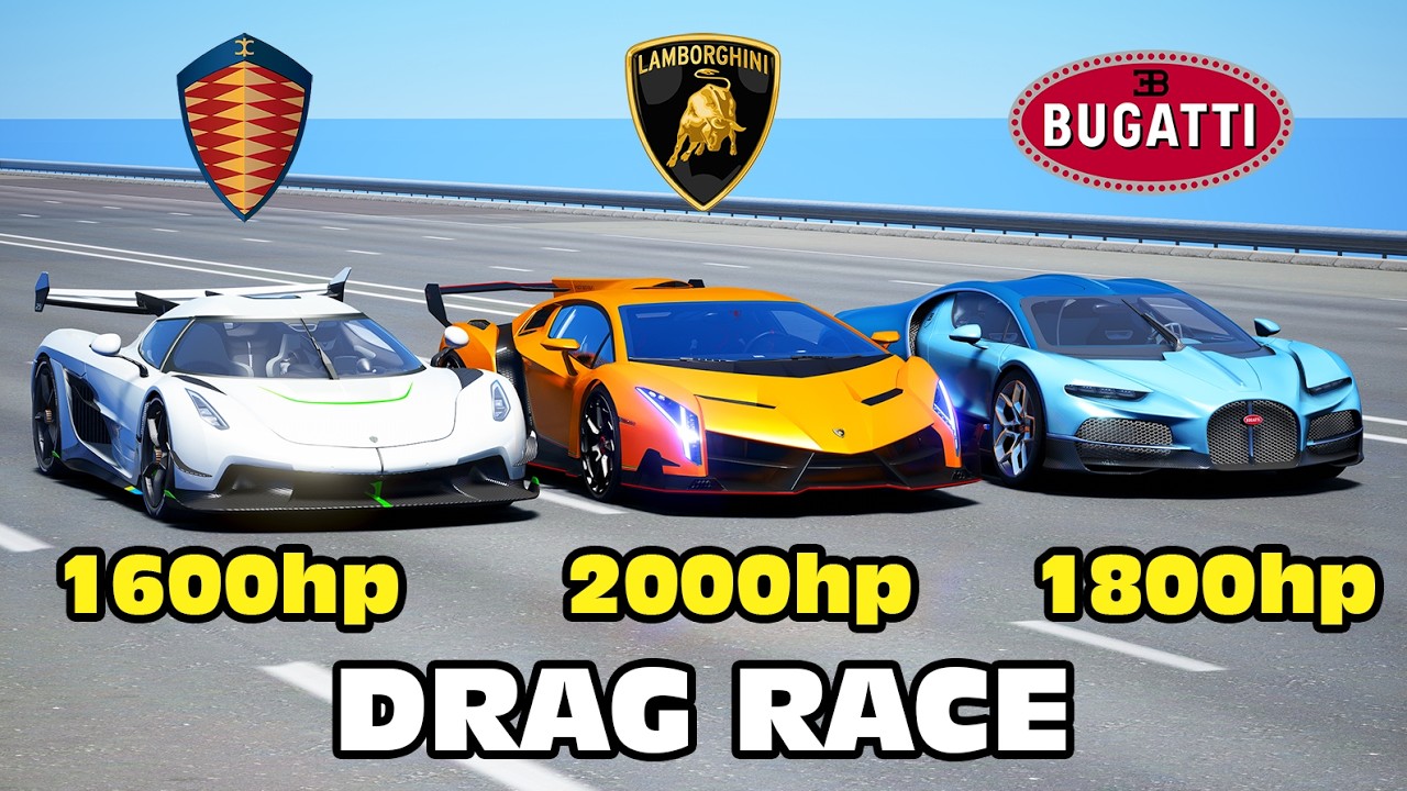 2000HP Lamborghini Veneno vs Koenigsegg Jesko vs Bugatti Tourbillion DRAG RACE