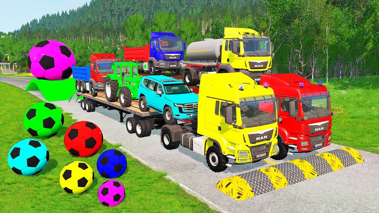 Flatbed Trailer McQueen Transportation with Truck - Speedbumps vs Cars vs Train - BeamNG.Drive #41