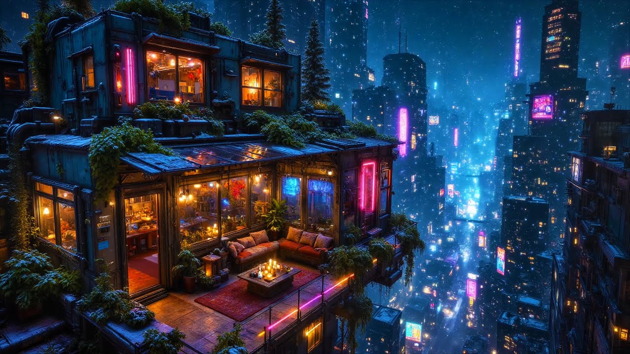 Lofi Ambient – Cozy Green Terrace Overlooking a Snowy Cyberpunk City | Peaceful Night for Study | 4K