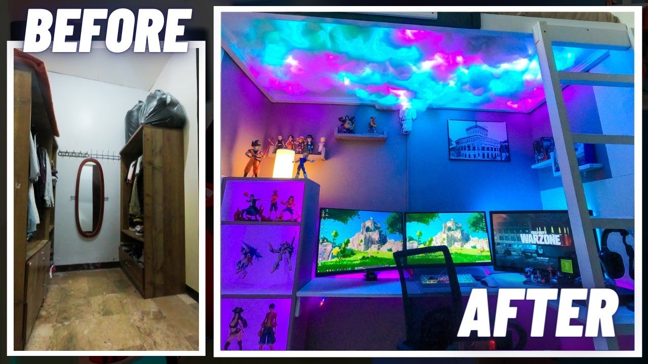 DIY LOFT BED | SPACE SAVER GAMING ROOM Makeover W/ Cloud Ceiling | Extreme Transformation