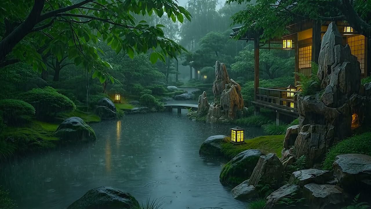 Peaceful Rainstorm on Forest Cabin Porch | Deep Sleep Rain Sounds ASMR | Rain on Garden Pond