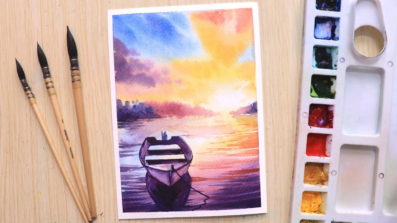 Watercolor painting of beautiful seascape with boat easy for beginners