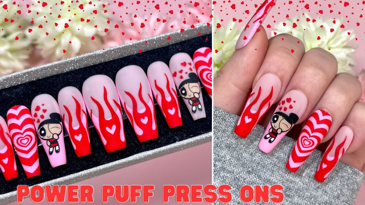 POWER PUFF GIRL PRESS ON NAIL TUTORIAL| HEART FIRE NAIL DESIGN| CARTOON NAILS MADAM GLAM