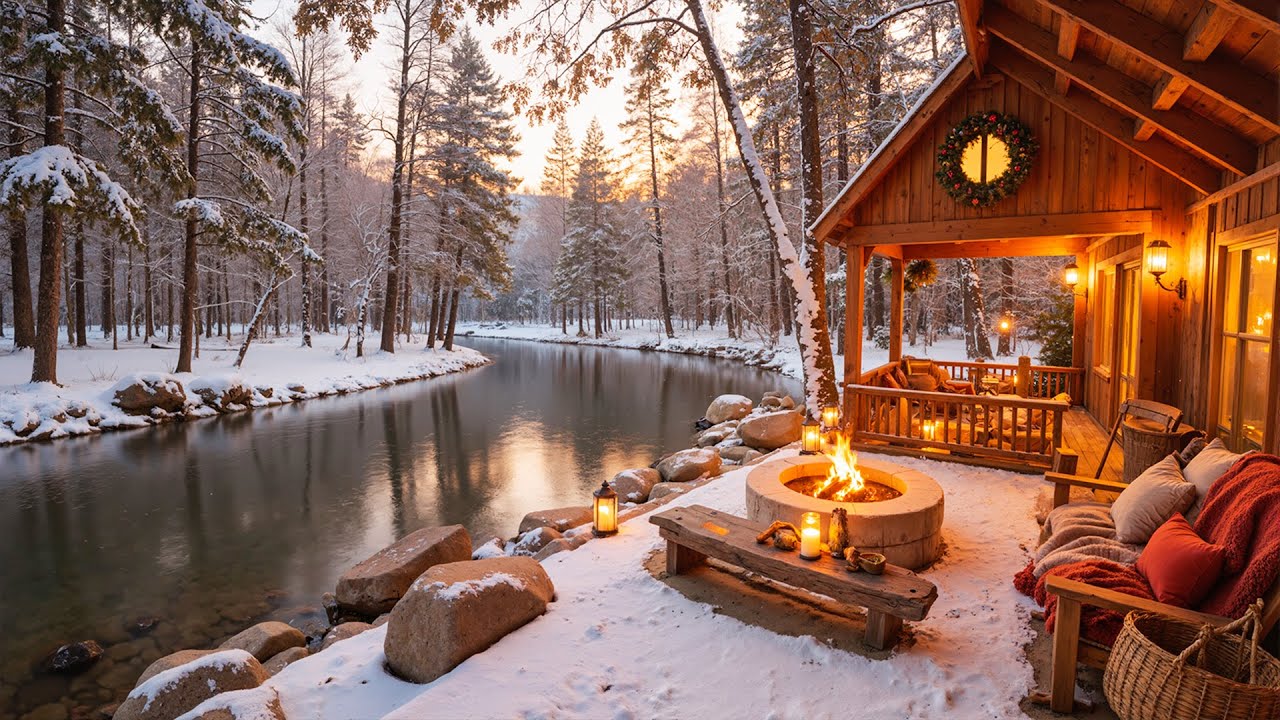 Snow Falling Piano Music by the River ❄️ Cozy Winter Porch Campfire & Snow Sounds Ambience