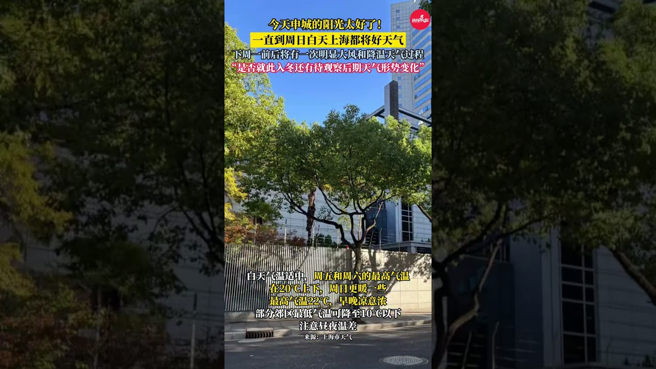 被上海今天的阳光震惊了 一直到周日白天上海都将好天气 下周一前后将有一次明显大风和降温天气过程 冬日体验迅速上线，最低仅4℃
