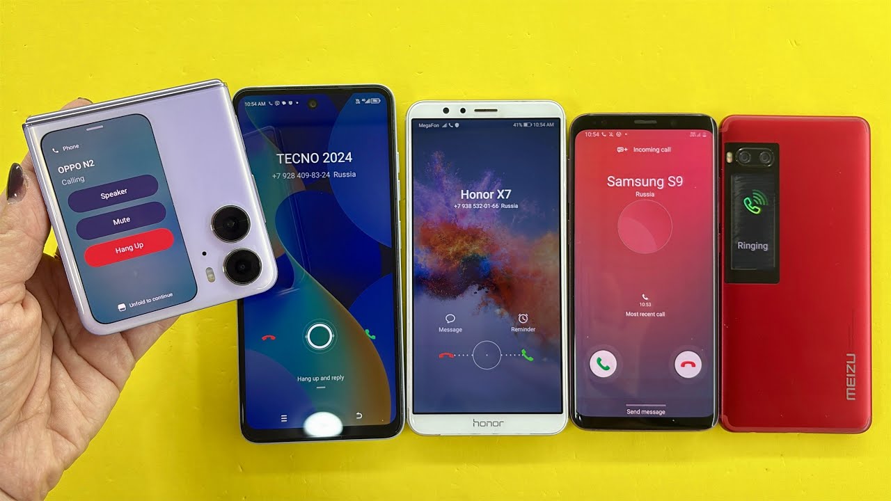 OPPO Find N2 Flip Calling On TECNO Go 24 + Honor X7 + Samsung S9 + Meizu Pro 7 