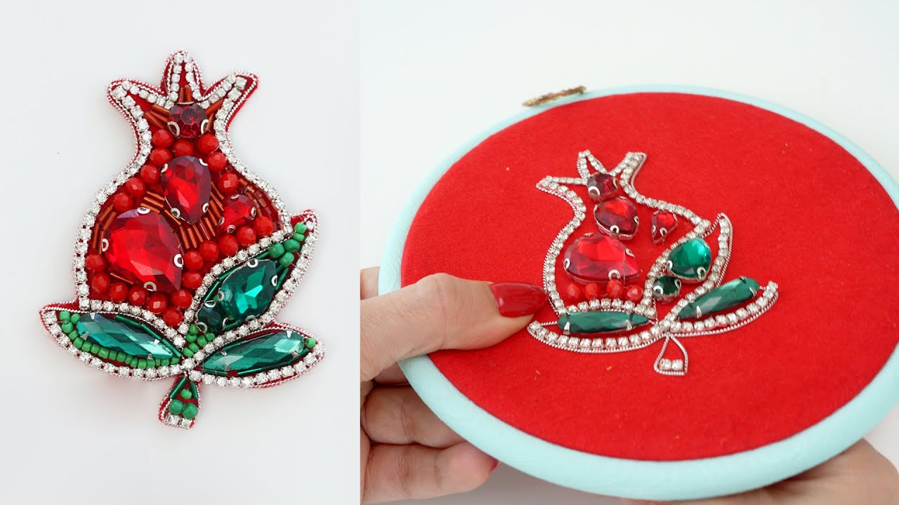 Beads Embroidery tutorial / DIY Pomegranate Brooch / Jewelry Making /آموزش گل سینه جواهر دوزی