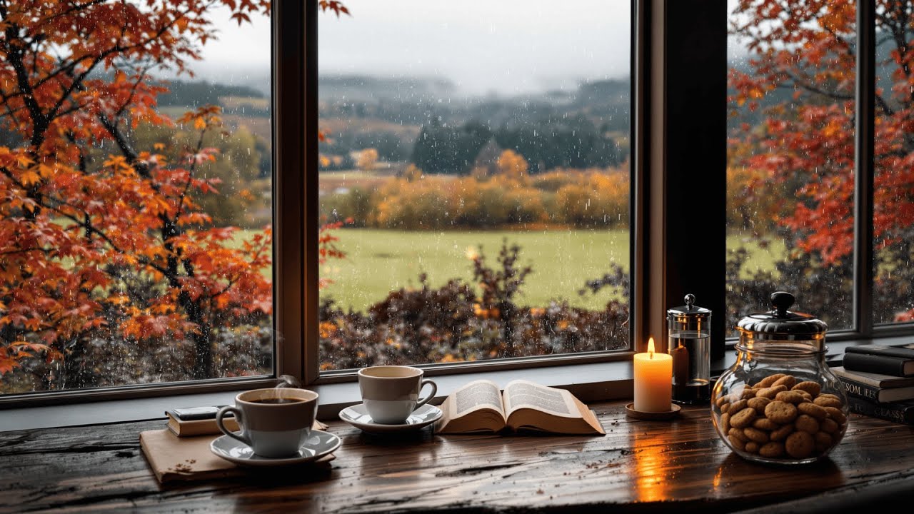 Countryside Coffee Shop in Autumn 🍂🌧️ Calm Rain Ambience & Smooth Jazz Music for Reading, Studying