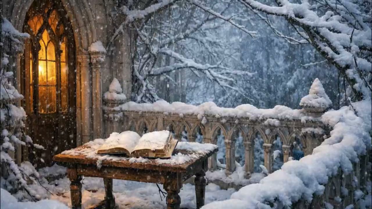 AMBIENCE SOUNDS - Beautiful Gothic Castle Balcony, Snow, Wind and a little fireplace, White Noise