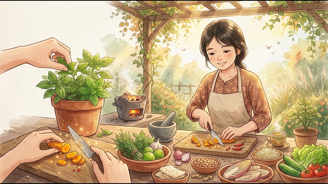 Cozy Rural Charcoal Stove Mì Quảng & Fresh Herbs ASMR | Ghibli Style Slow Living & Cooking